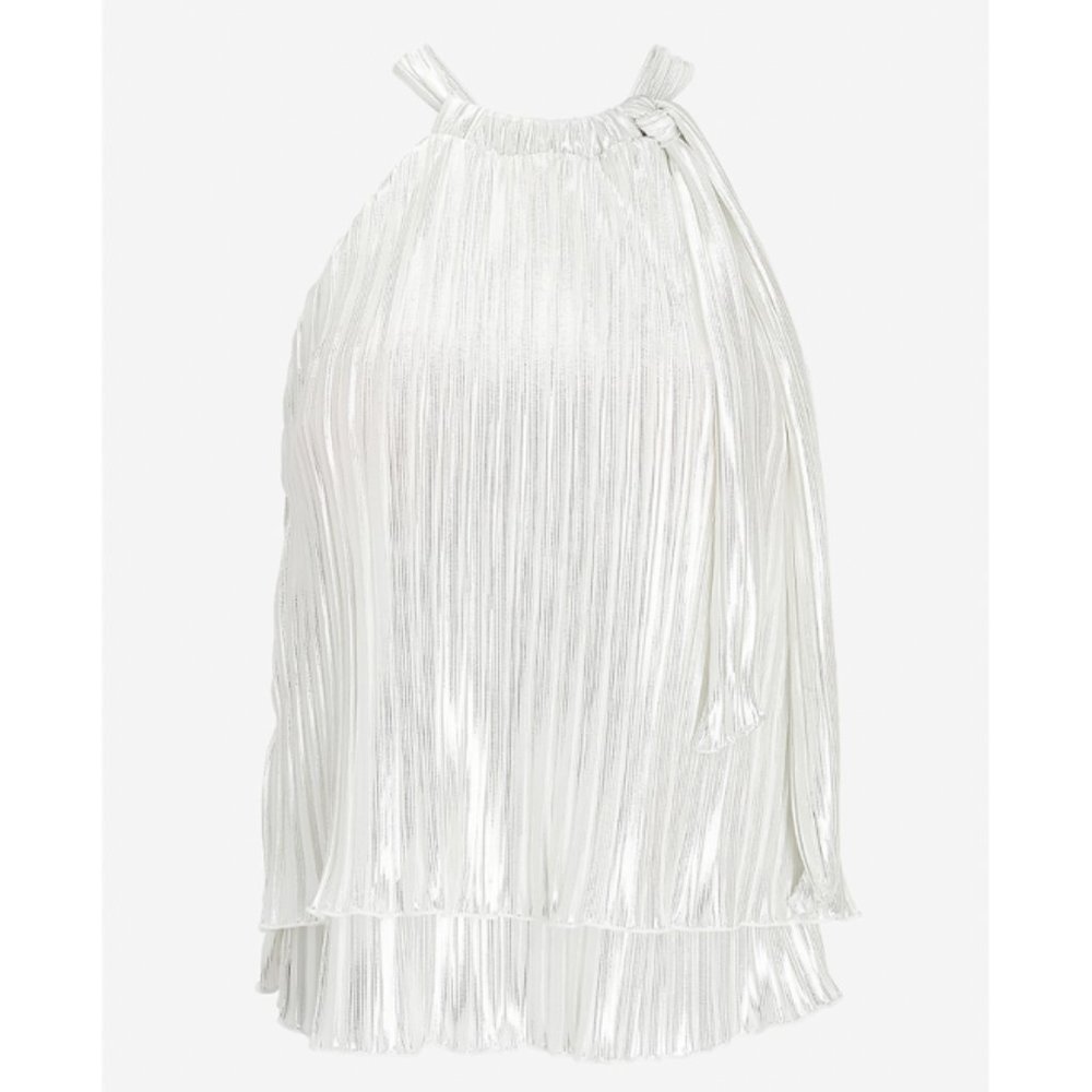 Metallic Pleated Tie Neck Halter Tank - Picture 3 of 4